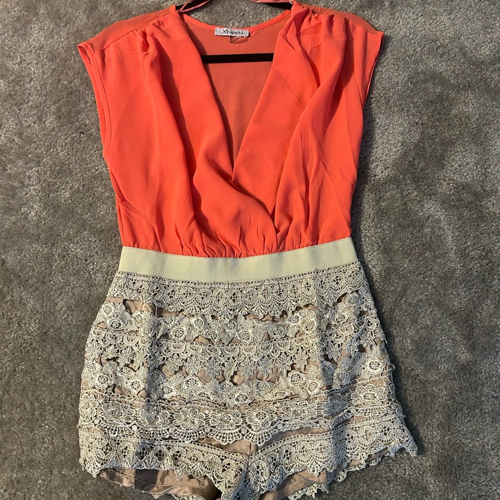 Xtaren Vibrant Coral and Cream Lace Dress